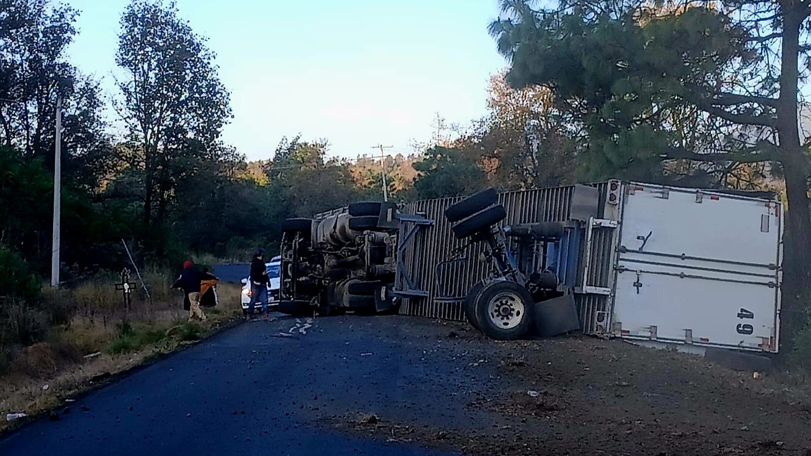 Tráiler vuelca en la carretera Uruapan - Paracho; el chofer queda herido 