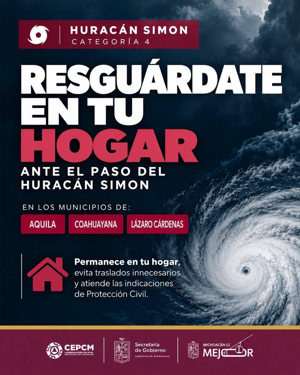 Pide PC a la ciudadanía de LC, Aquila y Coahuayana continuar resguardándose ante el paso de  “Simon”