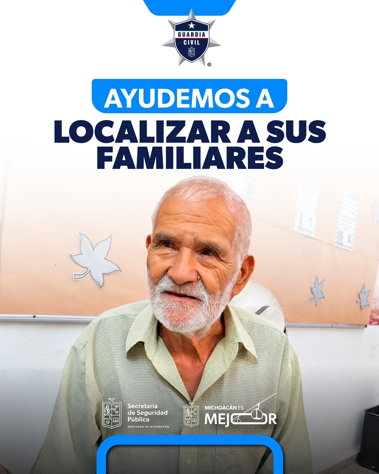 Guardia Civil busca a familiares de adulto mayor localizado en Morelia